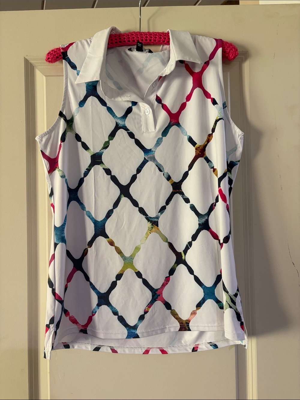 White Sleeveless Polo Tank with Multicolor Lattice Print